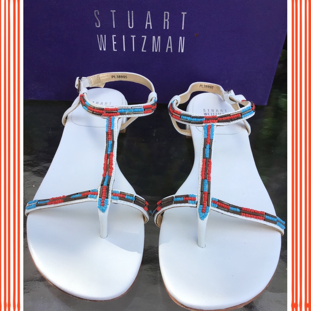 Stuart Weitzman White Sandals with Multicolor Beads
